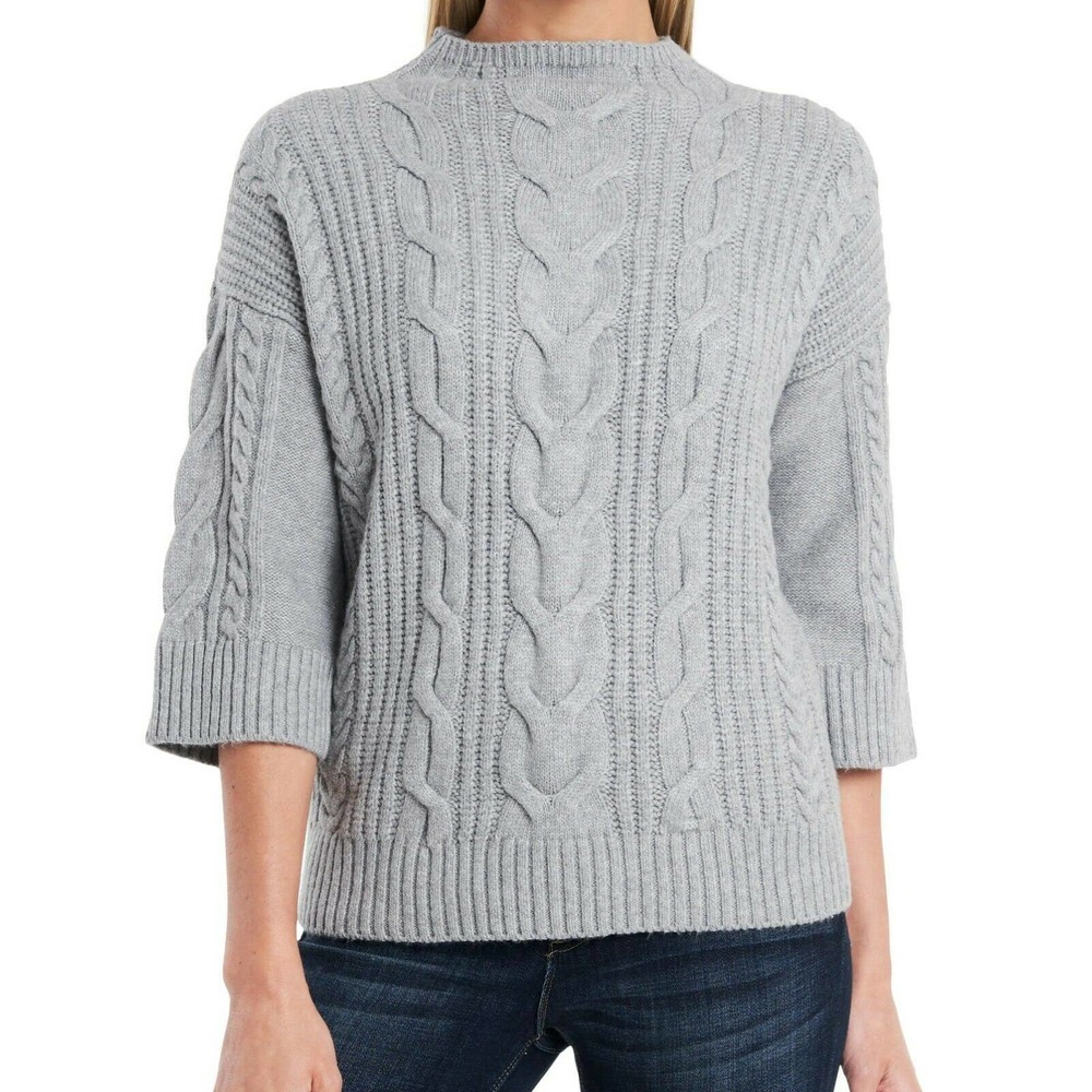 Vince Camuto Cable Stitch Sweater Heather Gray Elbow Length Sleeve Size Large